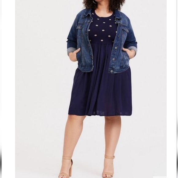 Torrid skater mini challis dress knit navy blue gold polka dot preppy 0X 💖 - Picture 12 of 14